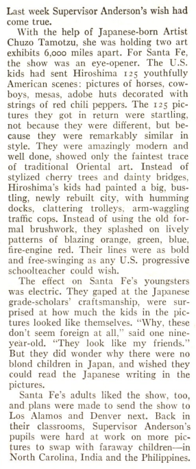 The TIME Magazine promotes the art exchange between kids in Santa Fe and Hiroshima. [Source: TIME Magazine, May 11, 1953]()